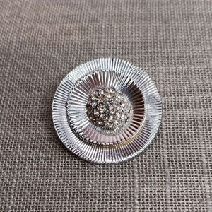 Textured Round Silver Tone Rhinestone Brooch